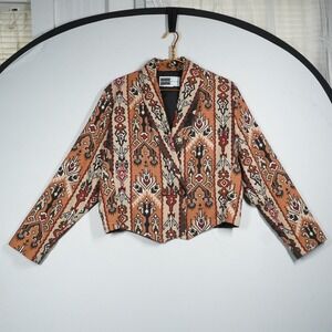 VTG 90s Rhonda Stark Southwestern Tapestry Cropped Jacket Rust Tan L Western
